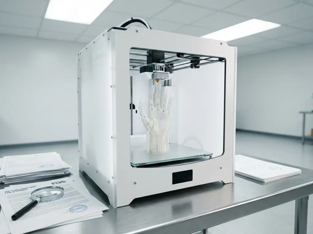 3D printer creating prosthetic hand on laboratory table with regulatory documents and magnifying glass nearby