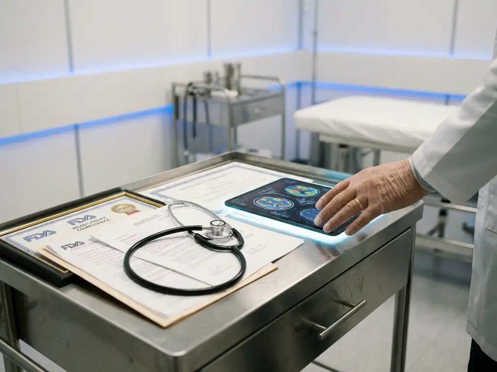 AI diagnostic tablet displaying brain scan on medical cart with FDA documents, stethoscope, and doctor's hand in examination room.