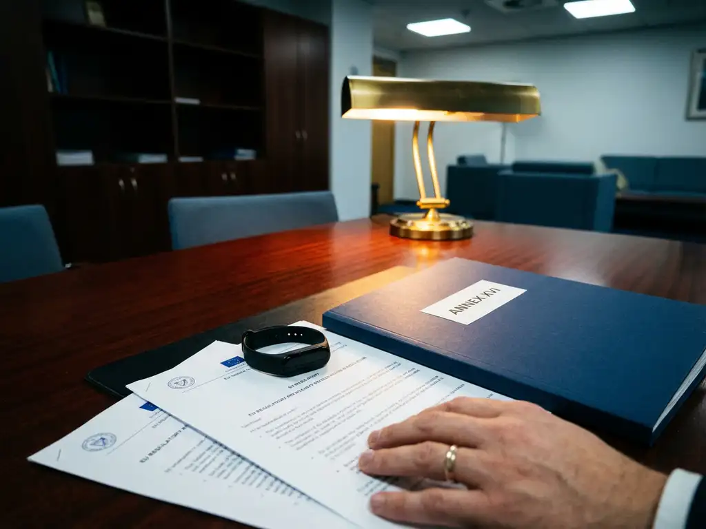 Annex XVI regulatory document folder on mahogany desk next to fitness tracker with EU papers and clinical lighting in professional office setting.