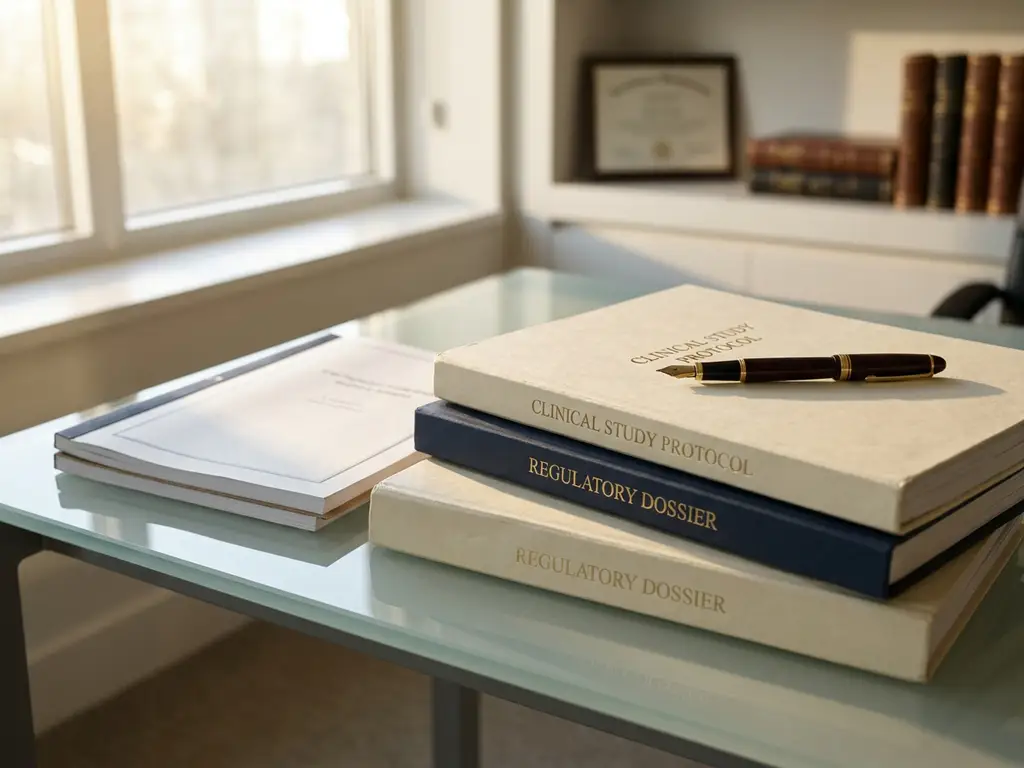 Stack of official biopharma dossiers and clinical study folders on a glass desk with a fountain pen resting on top, soft morning light.