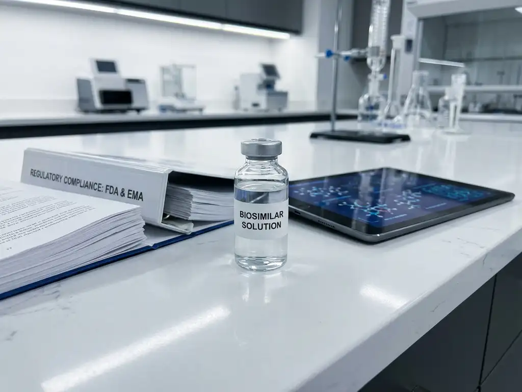 Glass vial with biosimilar solution next to regulatory compliance binder and tablet showing molecular diagrams on laboratory countertop