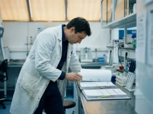 Biotech researcher in white lab coat reviewing regulatory binders and compliance checklists on a stainless steel lab bench with glass vials nearby.