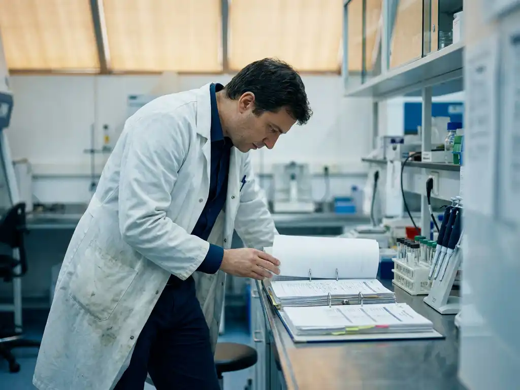 Biotech researcher in white lab coat reviewing regulatory binders and compliance checklists on a stainless steel lab bench with glass vials nearby.