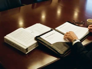 Executive hand reviewing strategic planning documents and compliance manual on mahogany boardroom table
