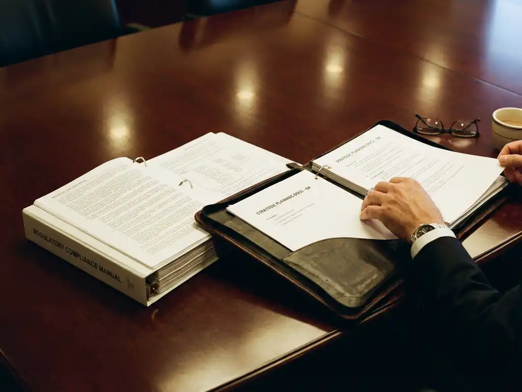 Executive hand reviewing strategic planning documents and compliance manual on mahogany boardroom table