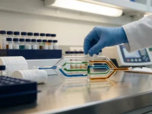 Gloved researcher adjusting a branching glass pathway model on a lab bench, with vials and data printouts blurred in the background.