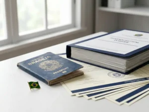 Worn Brazilian passport beside a foreign pharmaceutical dossier on a regulatory office desk, with a green-and-yellow flag pin and official documents.