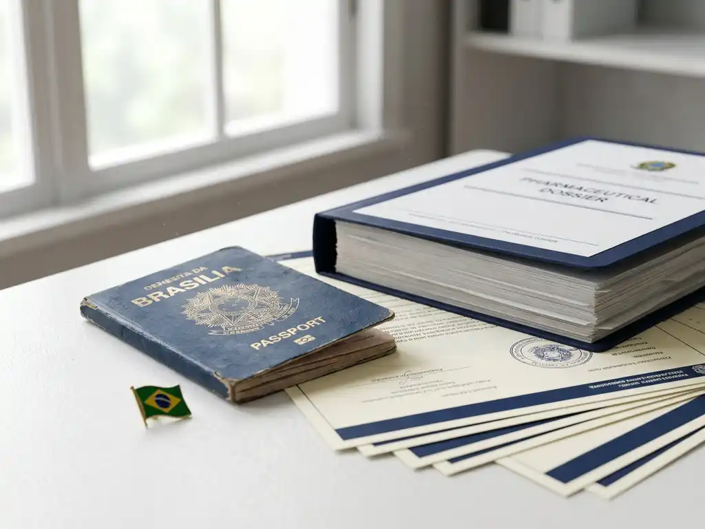 Worn Brazilian passport beside a foreign pharmaceutical dossier on a regulatory office desk, with a green-and-yellow flag pin and official documents.