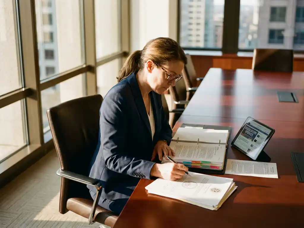 Professional businesswoman in navy suit reviewing compliance documents at conference table with tablet and sunlight streaming through office windows.