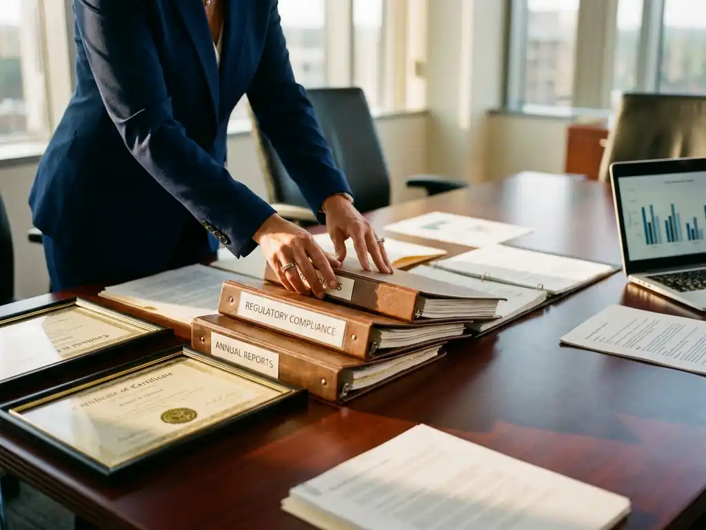 Professional businesswoman in navy suit organizing regulatory binders and compliance documents on conference table