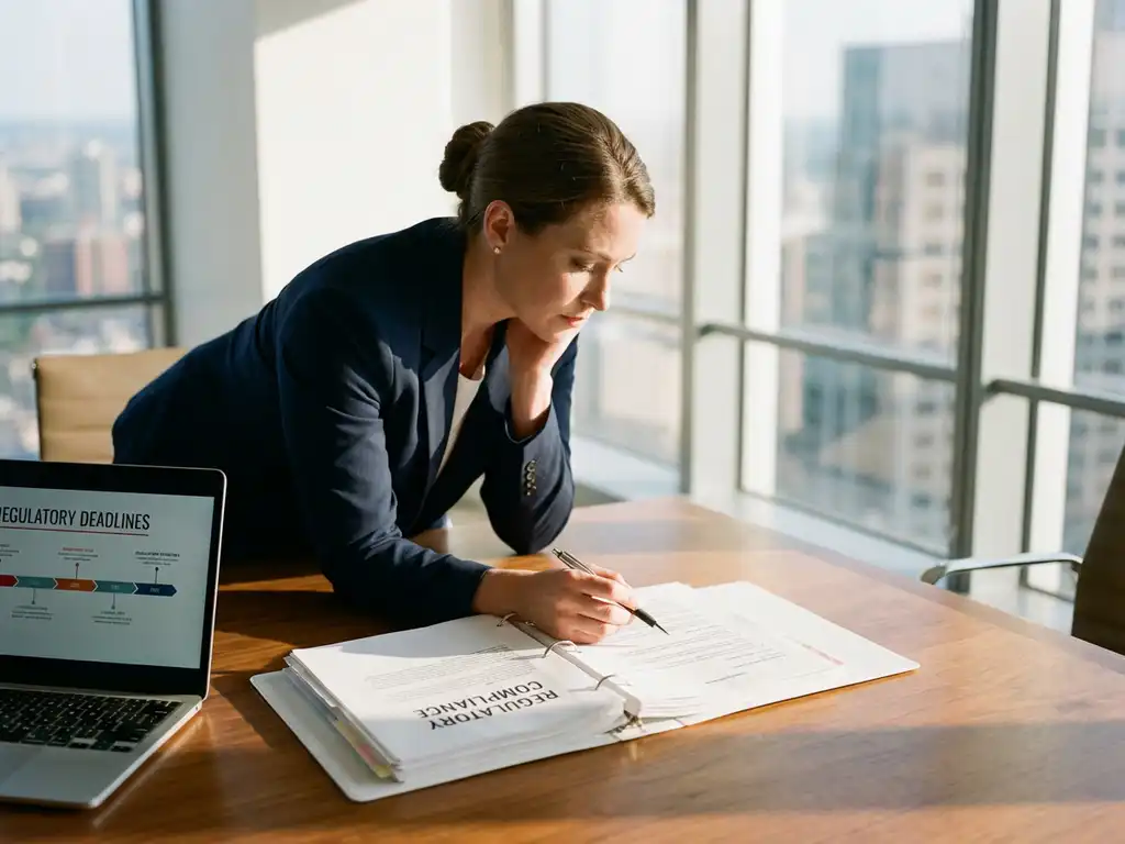 Professional businesswoman in navy blazer reviewing regulatory compliance documents at conference table with laptop open.