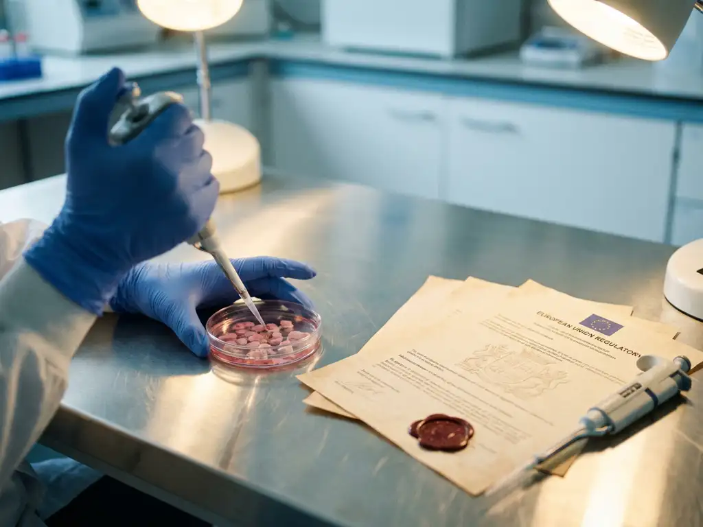 Laboratory petri dish with cell cultures on steel bench beside European regulatory documents with red seals and precision pipette