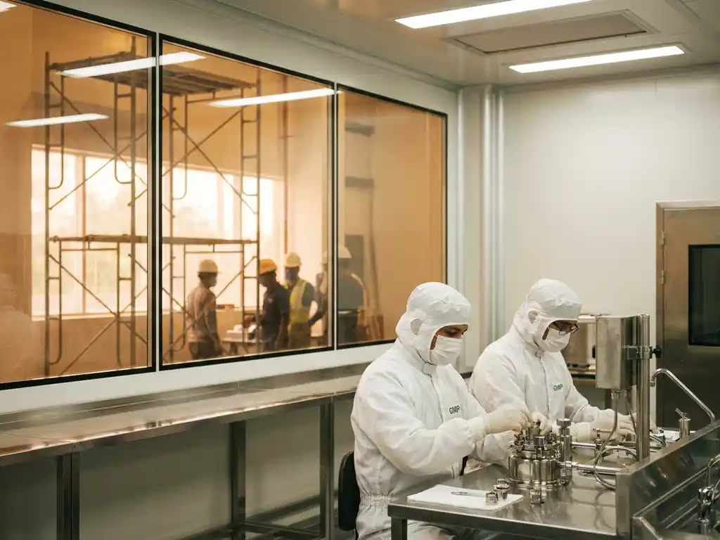 GMP technicians in white suits performing sterile operations in a pharmaceutical cleanroom while construction scaffolding is visible through a glass partition.