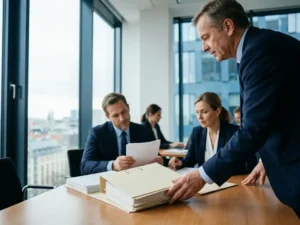 Pharmaceutical researcher handing a clinical dossier to health authority reviewers at a conference table in a European office with city skyline views.