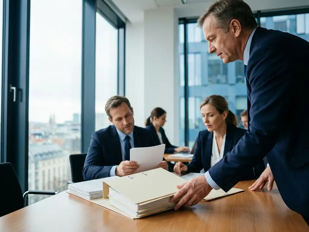 Pharmaceutical researcher handing a clinical dossier to health authority reviewers at a conference table in a European office with city skyline views.
