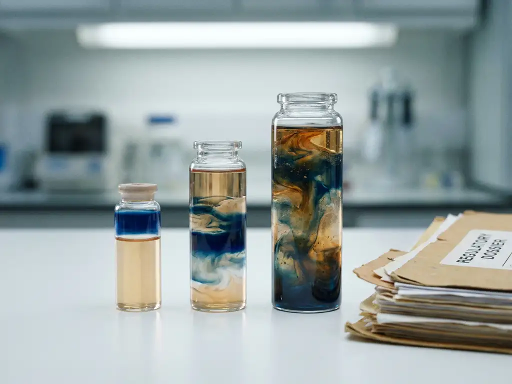 Three glass vials of increasing size on a lab bench, filled with layered amber and blue liquid, beside an open regulatory dossier.