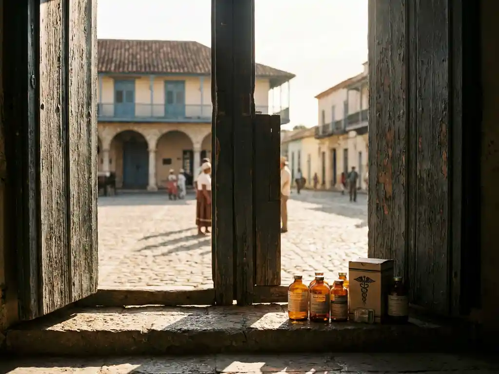 Weathered wooden gate opening onto a sunlit colonial plaza with pharmaceutical vials and medical device on the stone threshold.