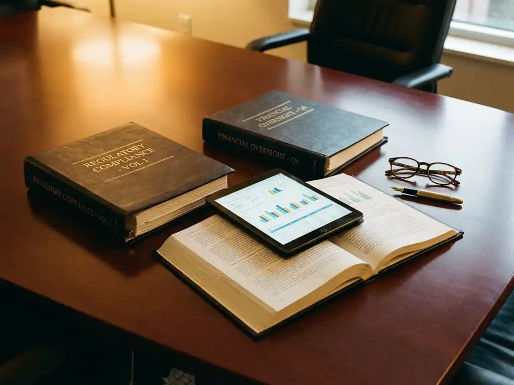 Open regulatory compliance binders on mahogany conference table with tablet displaying digital charts, glasses and pen nearby