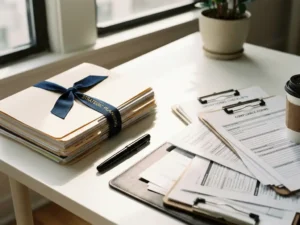 White desk with two document stacks - organized regulatory papers bound with ribbon and scattered compliance forms in use, pen between them
