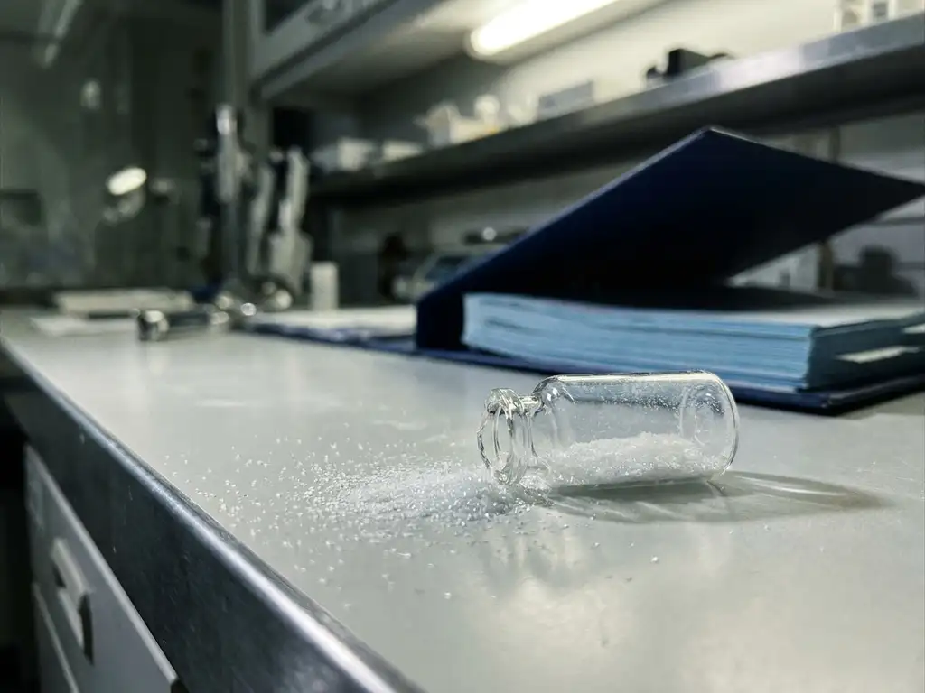Cracked glass vial spilling crystalline powder on a sterile lab bench, with an open clinical trial binder blurred in the background.