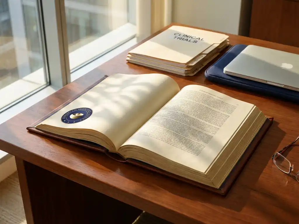 European Medicines Agency regulatory document open on mahogany desk with file folders and laptop in pharmaceutical office