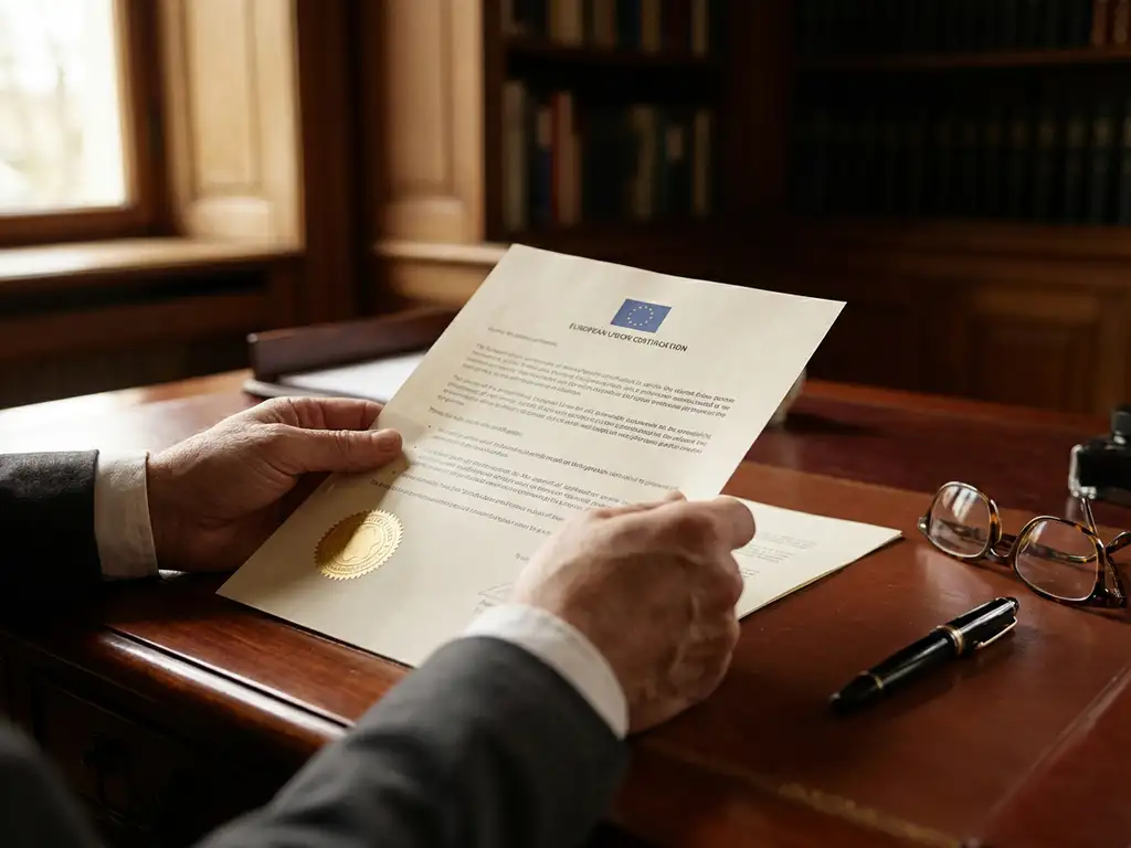 Professional regulatory consultant reviewing EU certification document with gold seal on mahogany desk beside reading glasses and pen