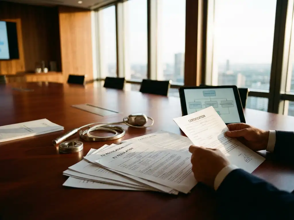 Business professionals reviewing EU medical device regulatory documents and prototypes on mahogany conference table