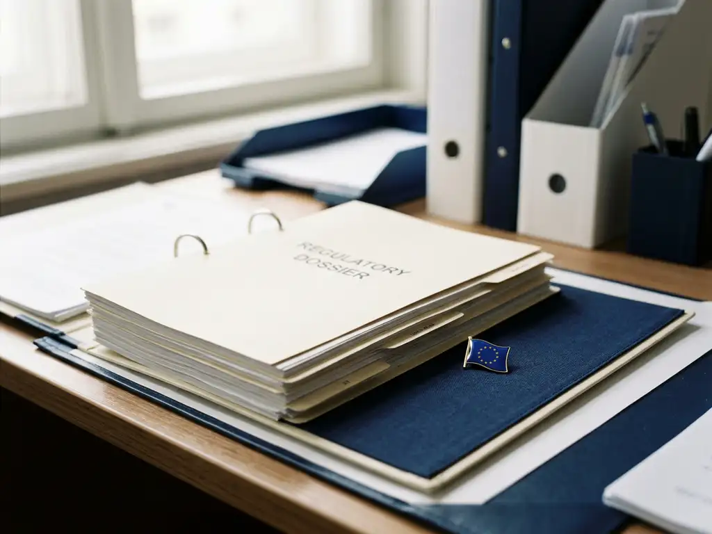 Open EU regulatory dossier binder on a modern desk with organized document folders and a European Union flag pin.