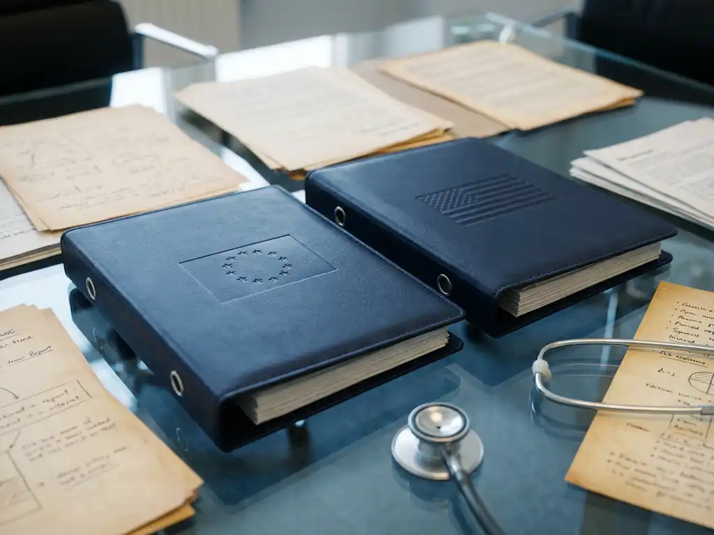 Two premium navy binders marked with EU and U.S. flag details on a glass desk, surrounded by clinical trial documents and a stethoscope.