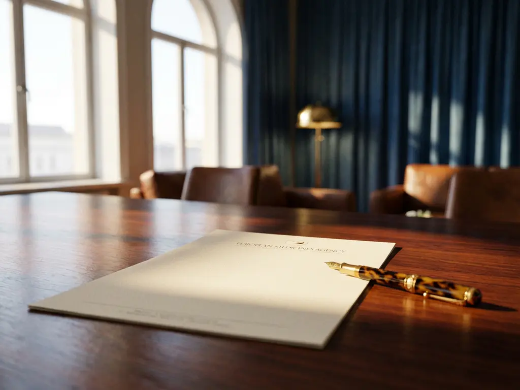 European Medicines Agency official document on mahogany desk with golden fountain pen, natural office lighting creating soft shadows