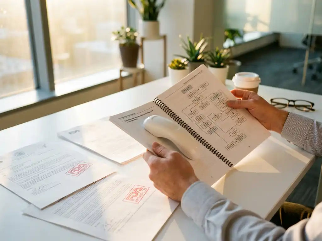 Medical device prototype on open regulatory guidebook with FDA approval documents and founder's hands reviewing paperwork on desk.