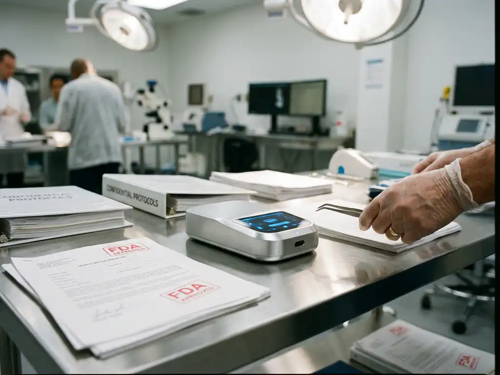 Medical device prototype on laboratory table with FDA documentation as researcher uses precision tweezers in sterile environment