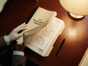 Professional hands organizing FDA medical device documentation papers on mahogany desk with black pen, overhead view