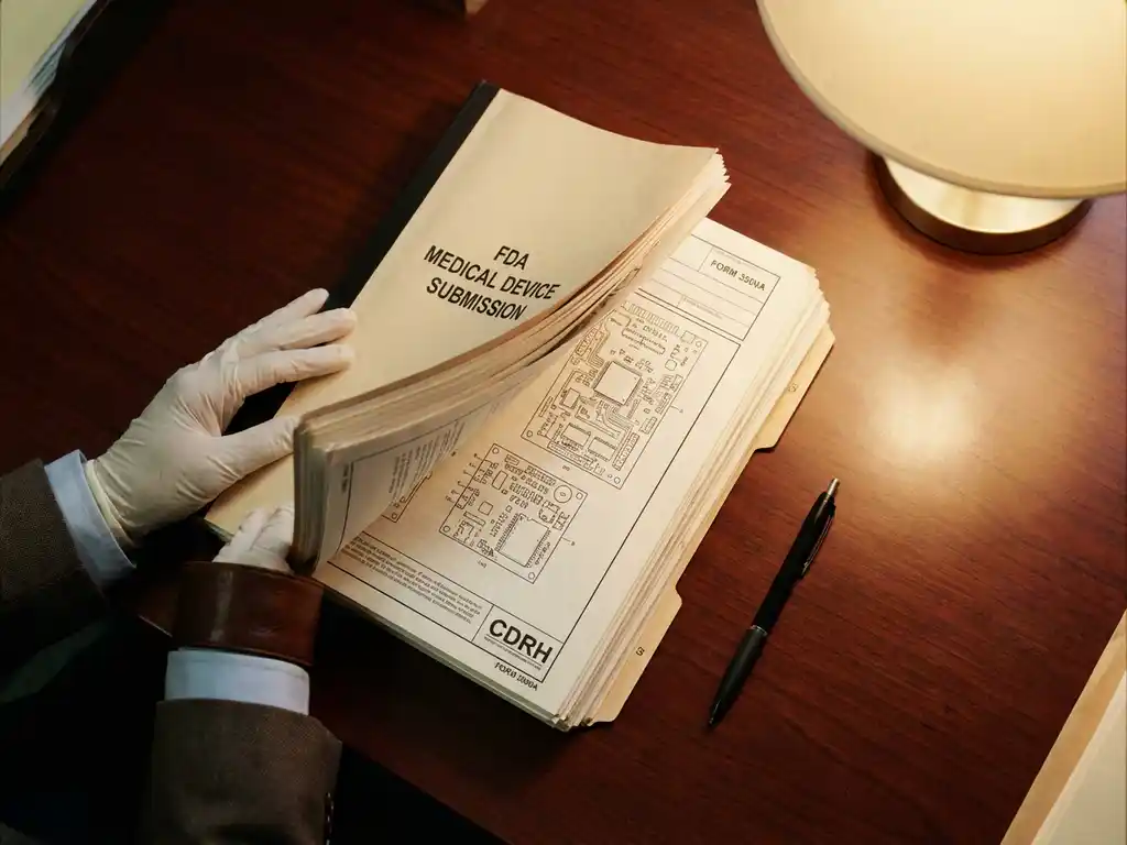 Professional hands organizing FDA medical device documentation papers on mahogany desk with black pen, overhead view