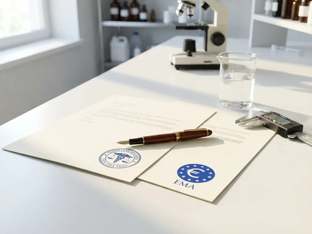 FDA and EMA regulatory approval documents on white laboratory desk with fountain pen, glass beaker, and digital calipers in soft natural light