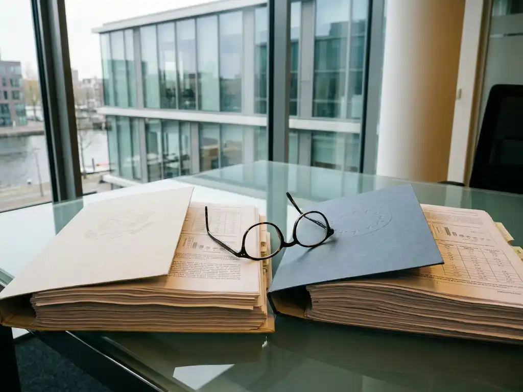 FDA and EMA regulatory dossiers open to clinical data pages on a glass desk, reading glasses resting across them, Amsterdam office in background.