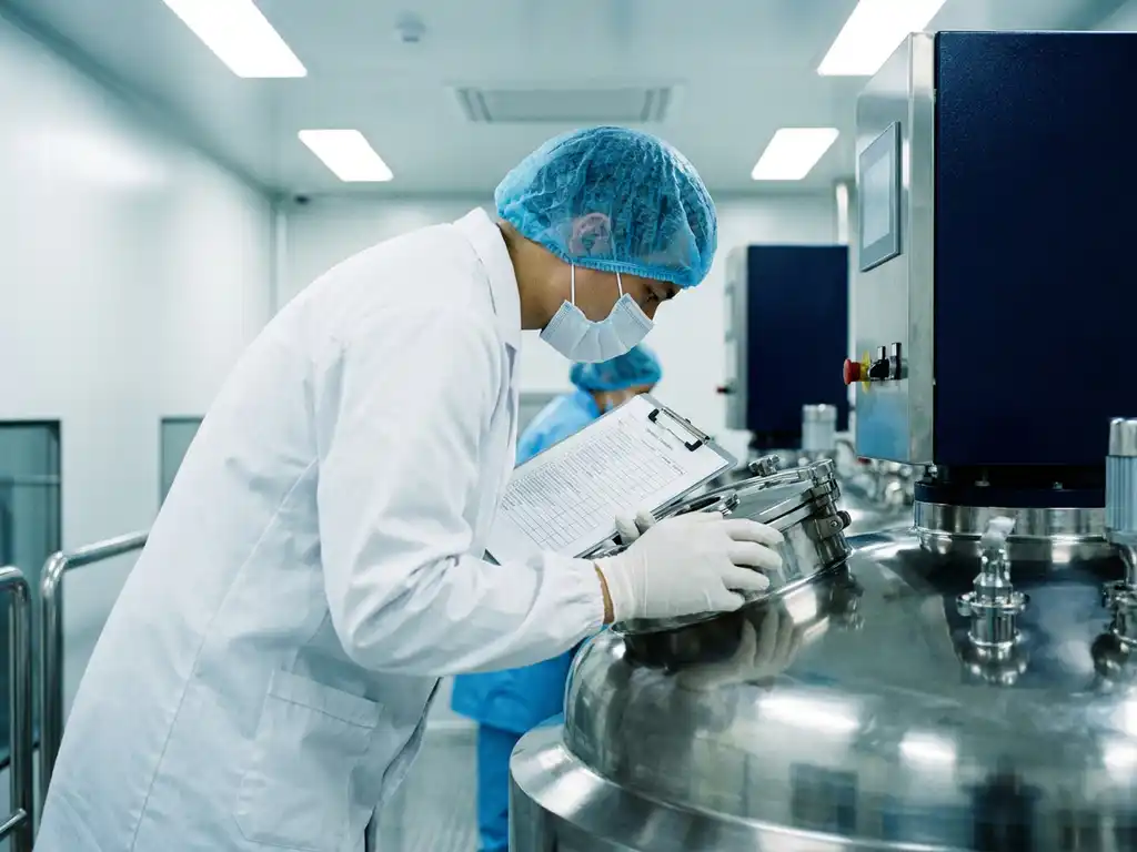 FDA inspector in white gloves and lab coat examining a stainless steel pharmaceutical manufacturing vessel in a sterile cleanroom.