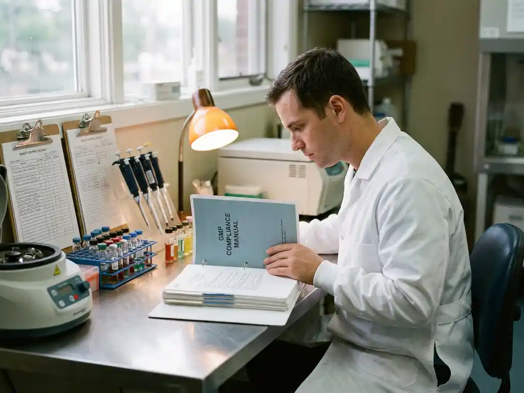 Lab technician in white coat reviewing GMP compliance binder at stainless steel workbench with vials and quality control checklists.