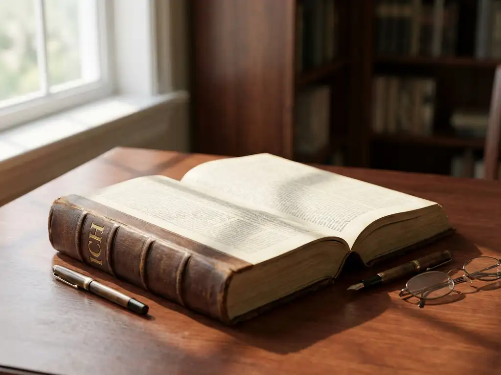 Open ICH regulatory guidebook on mahogany desk with fountain pen and reading glasses, natural window light illuminating dense text pages