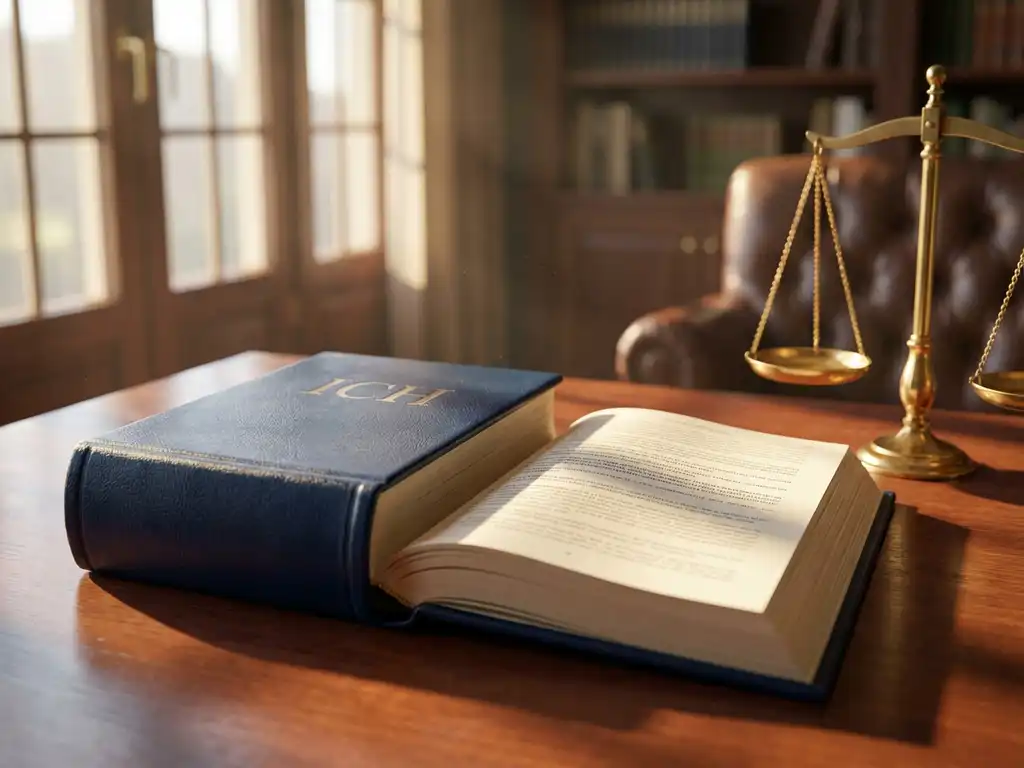 ICH regulatory guidebook with golden scales of justice on mahogany desk, warm sunlight streaming through office windows