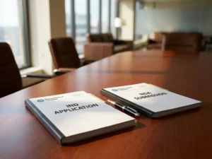 IND Application and NDA Submission documents on mahogany conference table with pen, natural office lighting