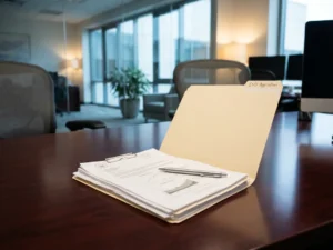 Open manila folder labeled "IND Application" with regulatory documents and silver pen on mahogany desk in pharmaceutical office