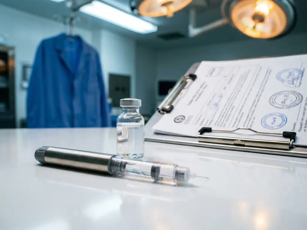 Insulin pen injector and clear medication vial on white laboratory bench with regulatory clipboard in background