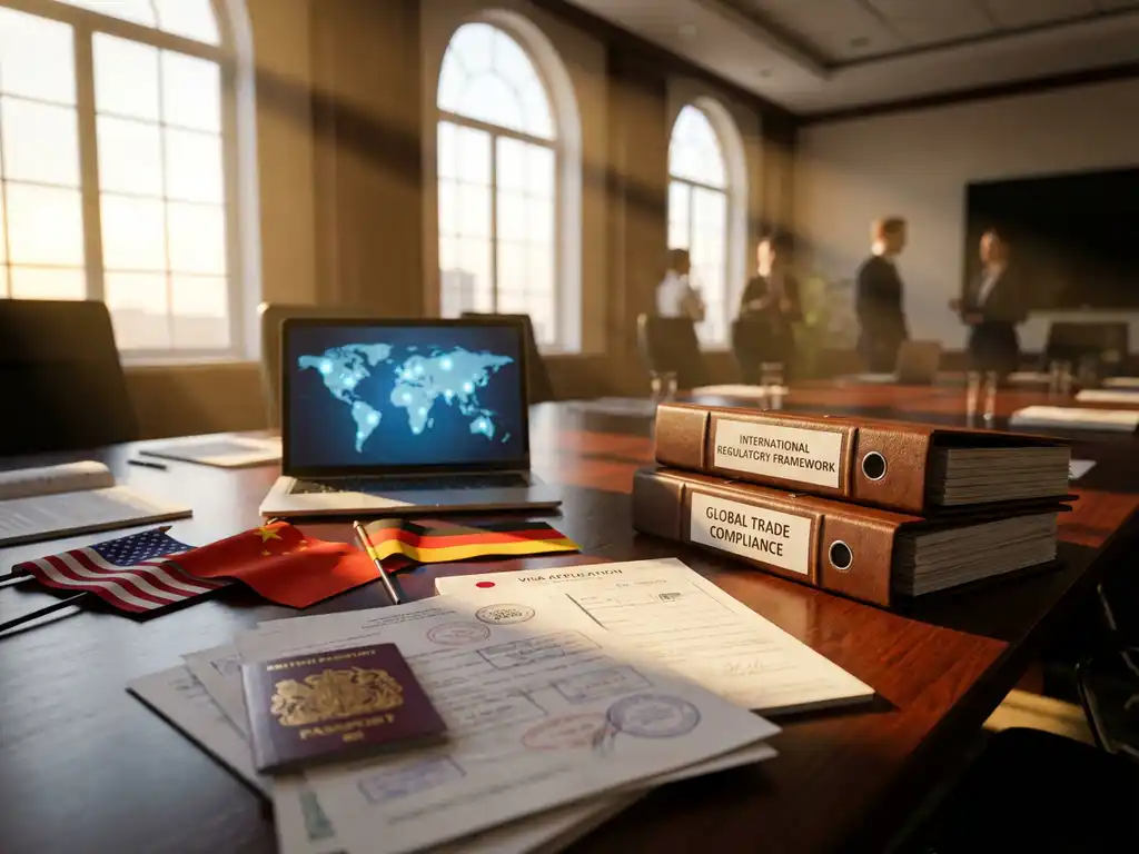 Mahogany conference table with international documents, folded flags, laptop showing world map, and compliance manuals in sunlit office.