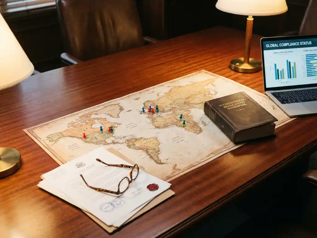Mahogany conference table with world map, colored pushpins on continents, open regulatory handbook, laptop showing compliance charts