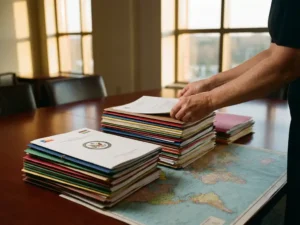 Businesswoman's hands placing regulatory documents on stacks over world map on conference table for market entry.