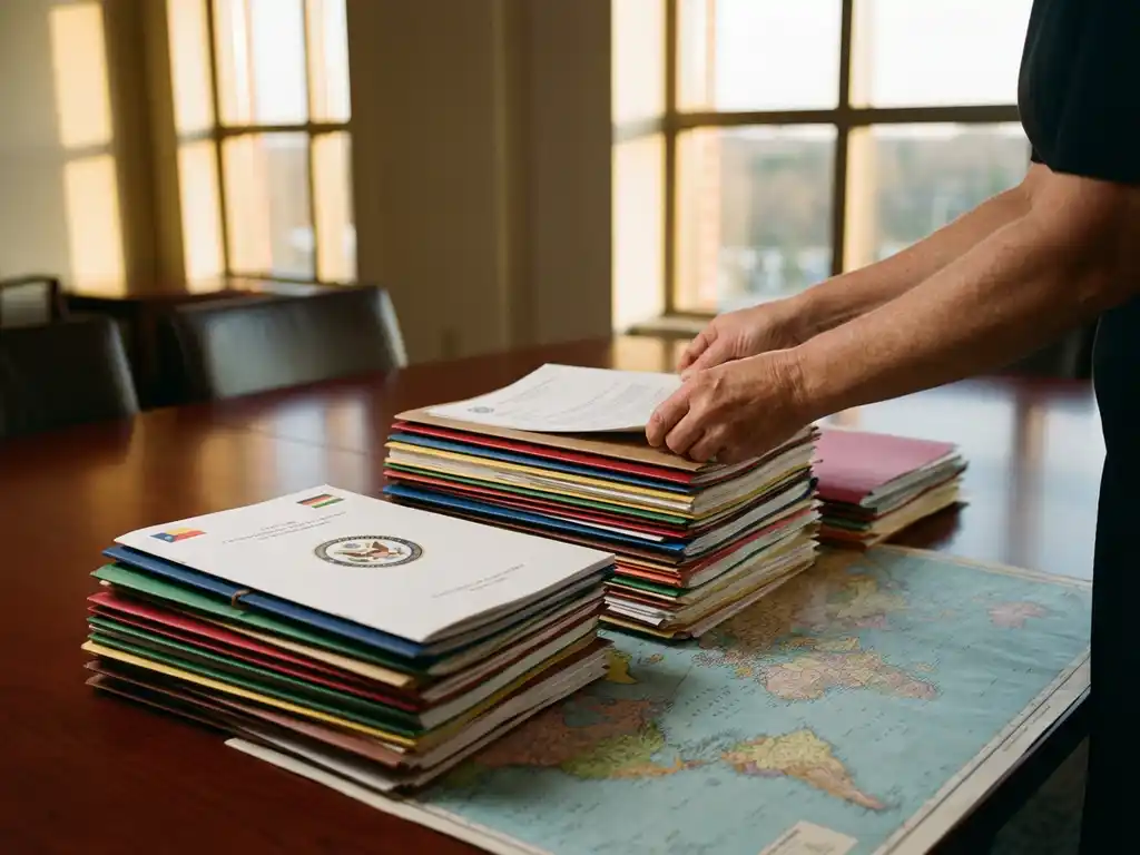 Businesswoman's hands placing regulatory documents on stacks over world map on conference table for market entry.