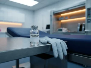 Glass vial of clear investigational compound on a lab bench beside a surgical glove, cool clinical tones with warm amber accent lighting.