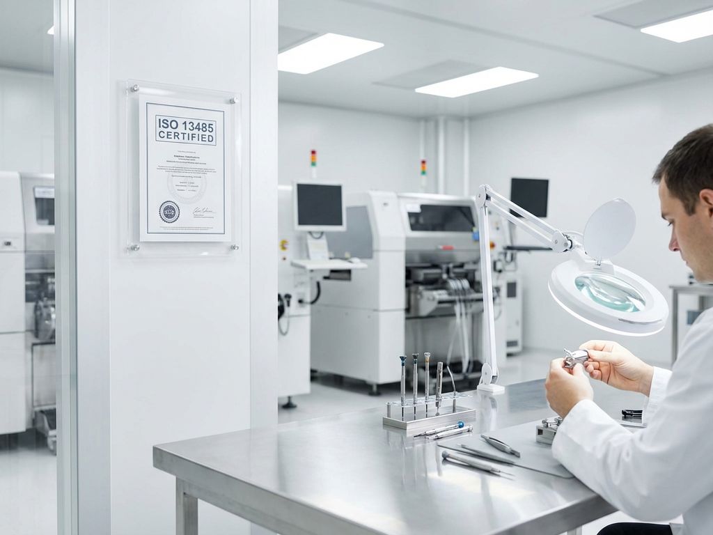 Quality control technician examining medical device in sterile manufacturing facility with ISO 13485 certification displayed
