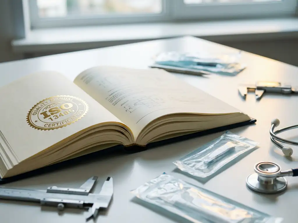 ISO 13485 quality manual with gold certification seal open on laboratory desk beside medical calipers, sterile packaging, and stethoscope